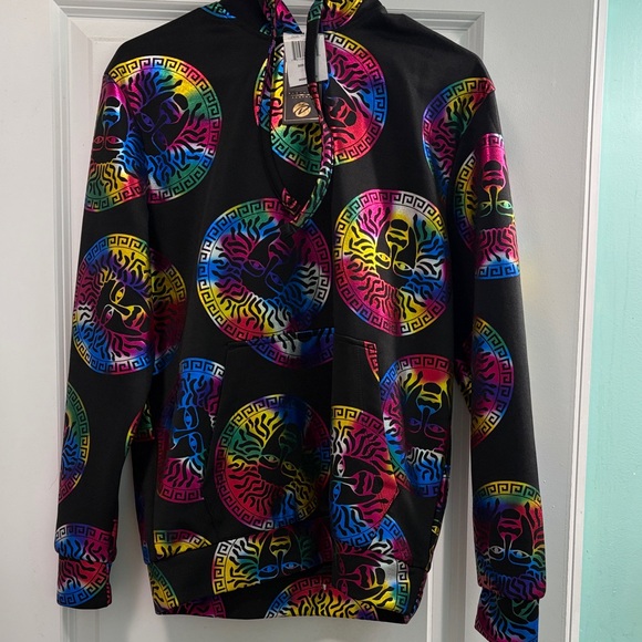 Monogram Mens Shiny Multicolor Black Hoodie with front pocket NWT - Picture 2 of 7